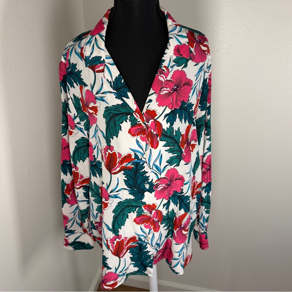 Tommy Bahama 100% Silk Floral Button Down Shirt L Tropical Hibiscus Resort